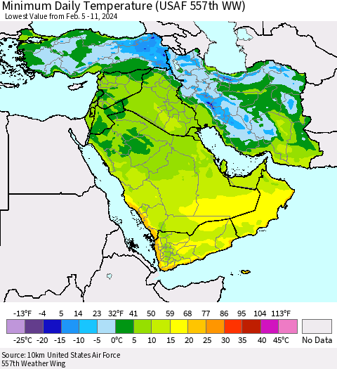 Middle East and Turkey Minimum Daily Temperature (USAF 557th WW) Thematic Map For 2/5/2024 - 2/11/2024