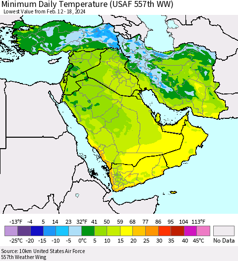 Middle East and Turkey Minimum Daily Temperature (USAF 557th WW) Thematic Map For 2/12/2024 - 2/18/2024