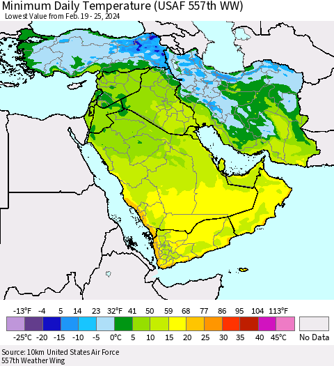 Middle East and Turkey Minimum Daily Temperature (USAF 557th WW) Thematic Map For 2/19/2024 - 2/25/2024