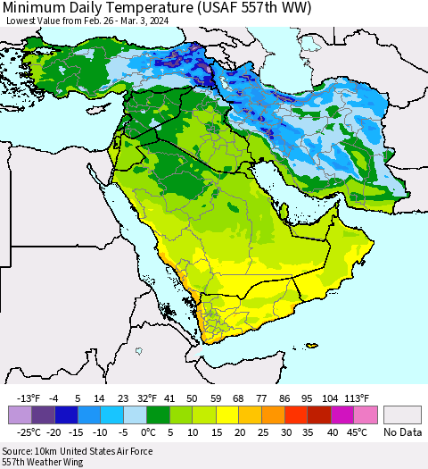 Middle East and Turkey Minimum Daily Temperature (USAF 557th WW) Thematic Map For 2/26/2024 - 3/3/2024