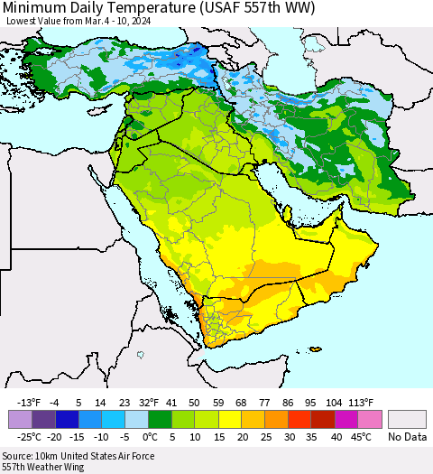 Middle East and Turkey Minimum Daily Temperature (USAF 557th WW) Thematic Map For 3/4/2024 - 3/10/2024