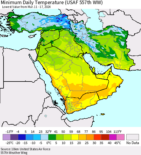 Middle East and Turkey Minimum Daily Temperature (USAF 557th WW) Thematic Map For 3/11/2024 - 3/17/2024
