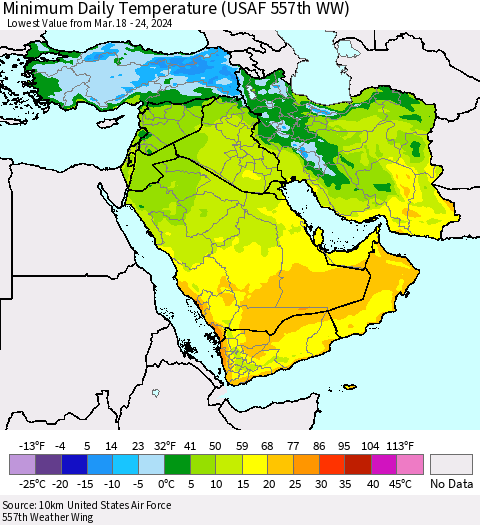 Middle East and Turkey Minimum Daily Temperature (USAF 557th WW) Thematic Map For 3/18/2024 - 3/24/2024