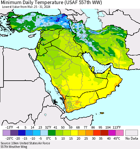Middle East and Turkey Minimum Daily Temperature (USAF 557th WW) Thematic Map For 3/25/2024 - 3/31/2024