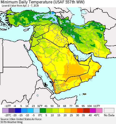 Middle East and Turkey Minimum Daily Temperature (USAF 557th WW) Thematic Map For 4/1/2024 - 4/7/2024