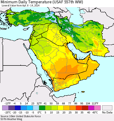 Middle East and Turkey Minimum Daily Temperature (USAF 557th WW) Thematic Map For 4/8/2024 - 4/14/2024