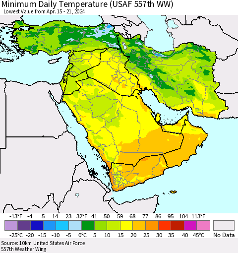 Middle East and Turkey Minimum Daily Temperature (USAF 557th WW) Thematic Map For 4/15/2024 - 4/21/2024