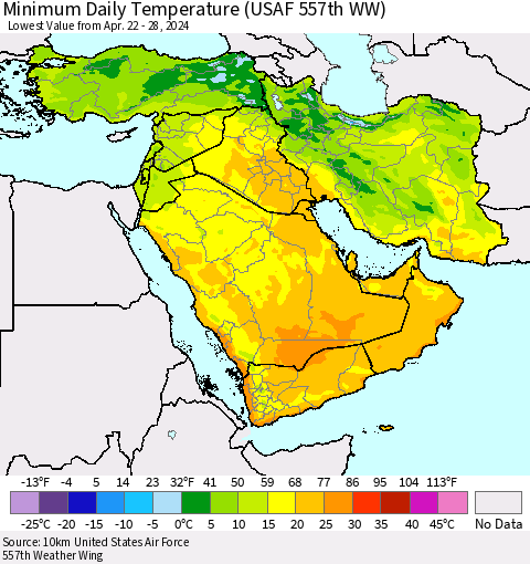 Middle East and Turkey Minimum Daily Temperature (USAF 557th WW) Thematic Map For 4/22/2024 - 4/28/2024