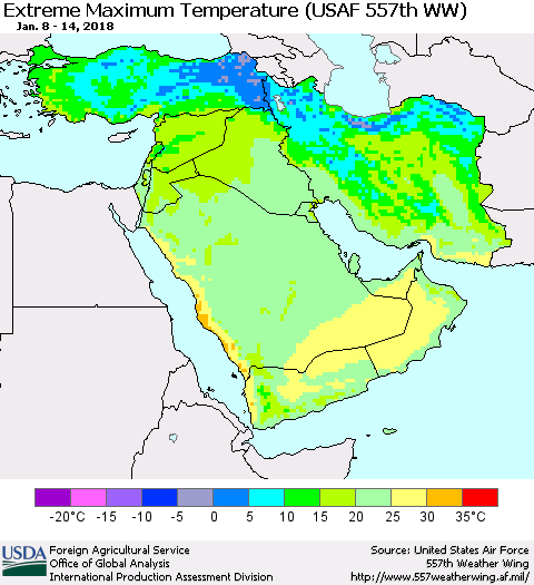 Middle East and Turkey Maximum Daily Temperature (USAF 557th WW) Thematic Map For 1/8/2018 - 1/14/2018