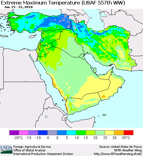 Middle East and Turkey Maximum Daily Temperature (USAF 557th WW) Thematic Map For 1/15/2018 - 1/21/2018