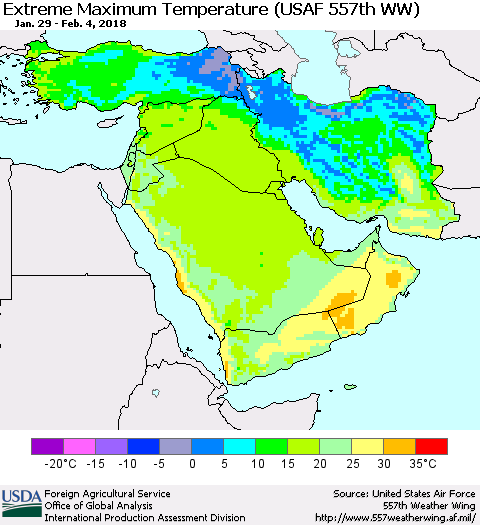 Middle East and Turkey Maximum Daily Temperature (USAF 557th WW) Thematic Map For 1/29/2018 - 2/4/2018