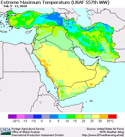 Middle East and Turkey Maximum Daily Temperature (USAF 557th WW) Thematic Map For 2/5/2018 - 2/11/2018