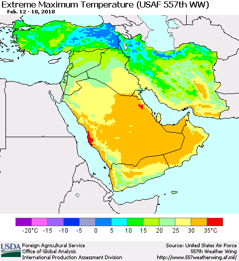 Middle East and Turkey Maximum Daily Temperature (USAF 557th WW) Thematic Map For 2/12/2018 - 2/18/2018