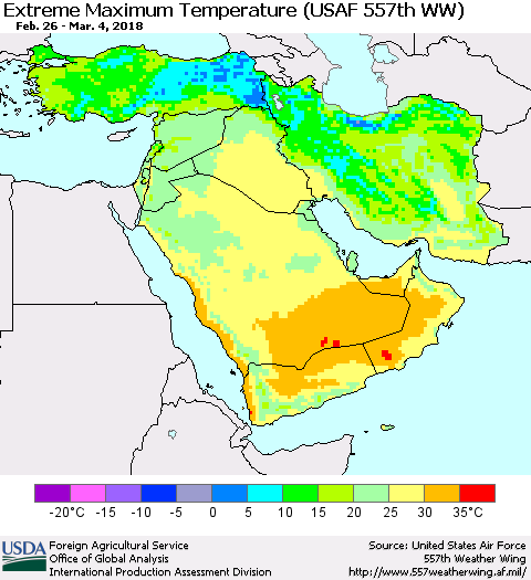 Middle East and Turkey Maximum Daily Temperature (USAF 557th WW) Thematic Map For 2/26/2018 - 3/4/2018
