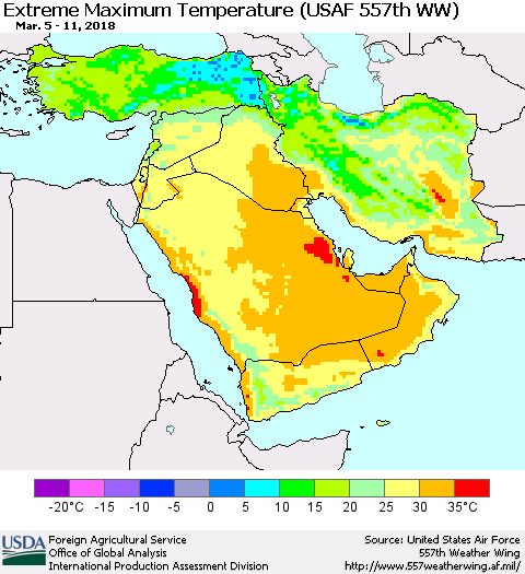 Middle East and Turkey Maximum Daily Temperature (USAF 557th WW) Thematic Map For 3/5/2018 - 3/11/2018