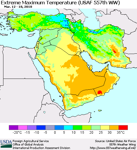 Middle East and Turkey Maximum Daily Temperature (USAF 557th WW) Thematic Map For 3/12/2018 - 3/18/2018
