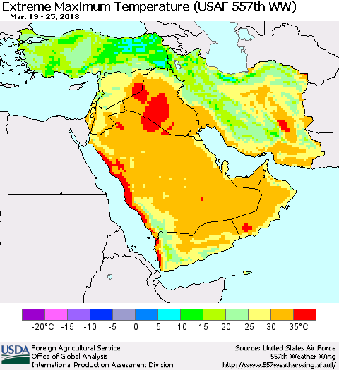 Middle East and Turkey Maximum Daily Temperature (USAF 557th WW) Thematic Map For 3/19/2018 - 3/25/2018