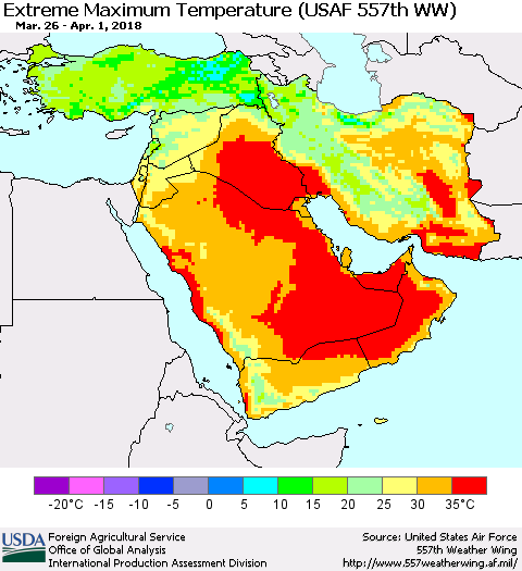 Middle East and Turkey Maximum Daily Temperature (USAF 557th WW) Thematic Map For 3/26/2018 - 4/1/2018