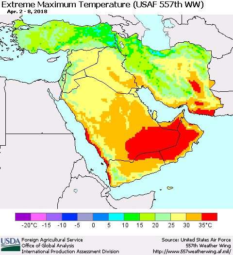 Middle East and Turkey Maximum Daily Temperature (USAF 557th WW) Thematic Map For 4/2/2018 - 4/8/2018