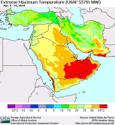 Middle East and Turkey Maximum Daily Temperature (USAF 557th WW) Thematic Map For 4/9/2018 - 4/15/2018