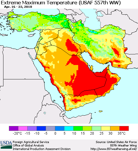 Middle East and Turkey Maximum Daily Temperature (USAF 557th WW) Thematic Map For 4/16/2018 - 4/22/2018
