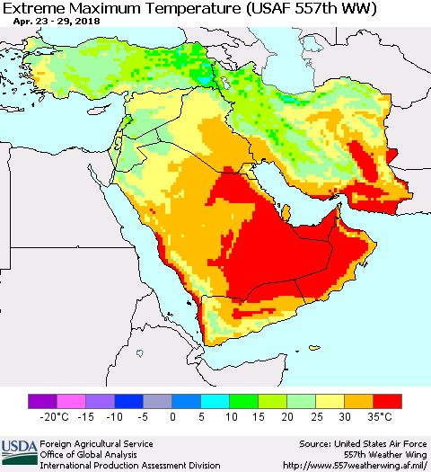 Middle East and Turkey Maximum Daily Temperature (USAF 557th WW) Thematic Map For 4/23/2018 - 4/29/2018