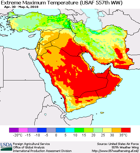 Middle East and Turkey Maximum Daily Temperature (USAF 557th WW) Thematic Map For 4/30/2018 - 5/6/2018