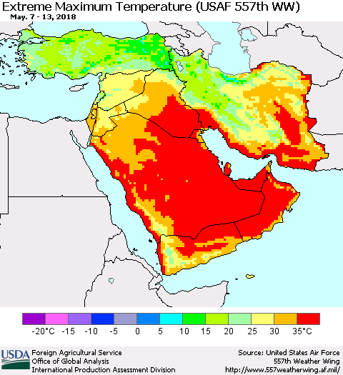 Middle East and Turkey Maximum Daily Temperature (USAF 557th WW) Thematic Map For 5/7/2018 - 5/13/2018