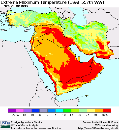 Middle East and Turkey Maximum Daily Temperature (USAF 557th WW) Thematic Map For 5/14/2018 - 5/20/2018