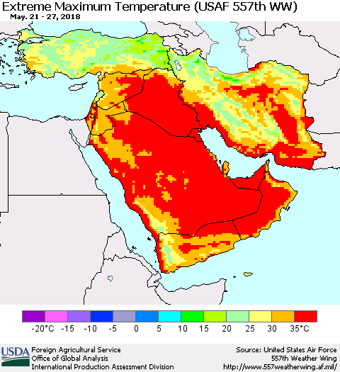 Middle East and Turkey Maximum Daily Temperature (USAF 557th WW) Thematic Map For 5/21/2018 - 5/27/2018