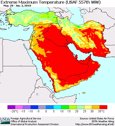 Middle East and Turkey Maximum Daily Temperature (USAF 557th WW) Thematic Map For 5/28/2018 - 6/3/2018