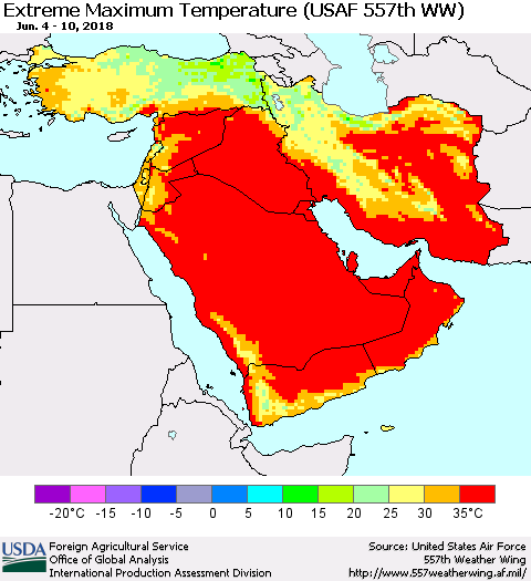 Middle East and Turkey Maximum Daily Temperature (USAF 557th WW) Thematic Map For 6/4/2018 - 6/10/2018