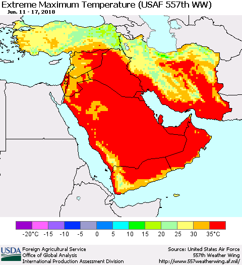 Middle East and Turkey Maximum Daily Temperature (USAF 557th WW) Thematic Map For 6/11/2018 - 6/17/2018