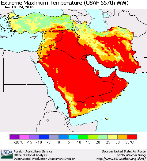 Middle East and Turkey Maximum Daily Temperature (USAF 557th WW) Thematic Map For 6/18/2018 - 6/24/2018