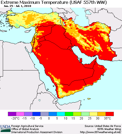 Middle East and Turkey Maximum Daily Temperature (USAF 557th WW) Thematic Map For 6/25/2018 - 7/1/2018