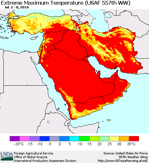 Middle East and Turkey Maximum Daily Temperature (USAF 557th WW) Thematic Map For 7/2/2018 - 7/8/2018