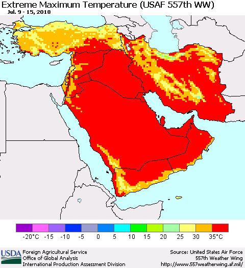 Middle East and Turkey Maximum Daily Temperature (USAF 557th WW) Thematic Map For 7/9/2018 - 7/15/2018