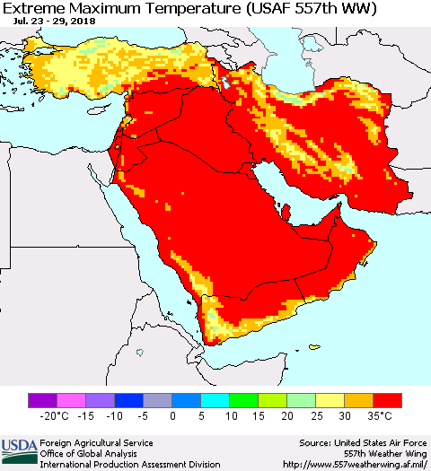 Middle East and Turkey Maximum Daily Temperature (USAF 557th WW) Thematic Map For 7/23/2018 - 7/29/2018