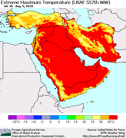Middle East and Turkey Maximum Daily Temperature (USAF 557th WW) Thematic Map For 7/30/2018 - 8/5/2018