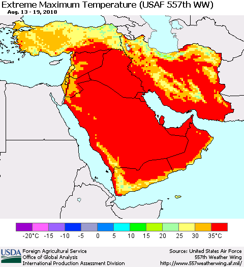 Middle East and Turkey Maximum Daily Temperature (USAF 557th WW) Thematic Map For 8/13/2018 - 8/19/2018