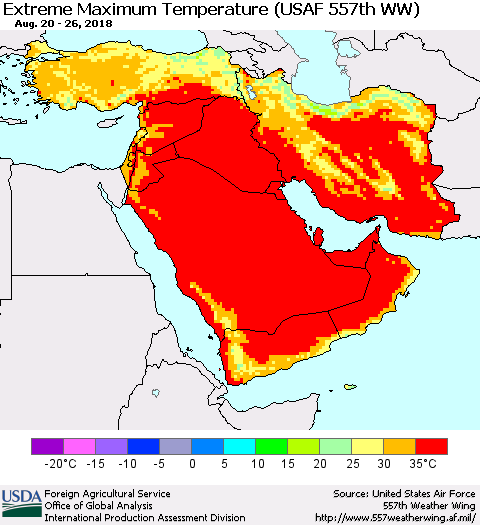 Middle East and Turkey Maximum Daily Temperature (USAF 557th WW) Thematic Map For 8/20/2018 - 8/26/2018