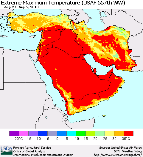 Middle East and Turkey Maximum Daily Temperature (USAF 557th WW) Thematic Map For 8/27/2018 - 9/2/2018