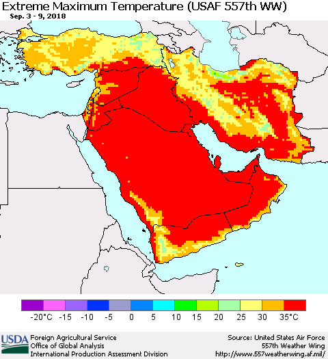 Middle East and Turkey Maximum Daily Temperature (USAF 557th WW) Thematic Map For 9/3/2018 - 9/9/2018