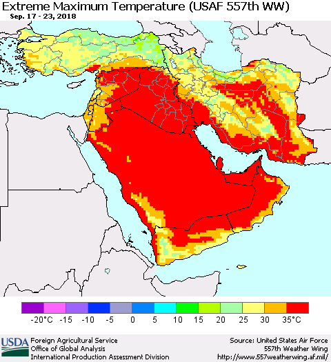 Middle East and Turkey Maximum Daily Temperature (USAF 557th WW) Thematic Map For 9/17/2018 - 9/23/2018