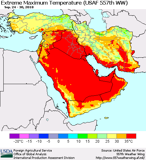 Middle East and Turkey Maximum Daily Temperature (USAF 557th WW) Thematic Map For 9/24/2018 - 9/30/2018