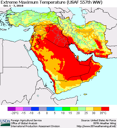 Middle East and Turkey Maximum Daily Temperature (USAF 557th WW) Thematic Map For 10/1/2018 - 10/7/2018