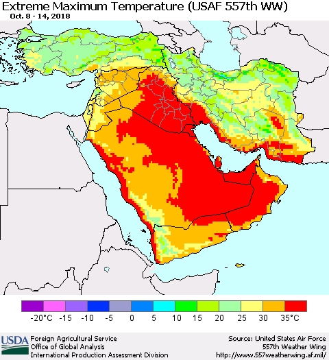Middle East and Turkey Maximum Daily Temperature (USAF 557th WW) Thematic Map For 10/8/2018 - 10/14/2018