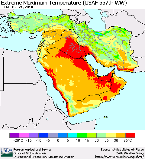 Middle East and Turkey Maximum Daily Temperature (USAF 557th WW) Thematic Map For 10/15/2018 - 10/21/2018