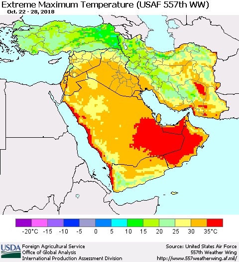 Middle East and Turkey Maximum Daily Temperature (USAF 557th WW) Thematic Map For 10/22/2018 - 10/28/2018