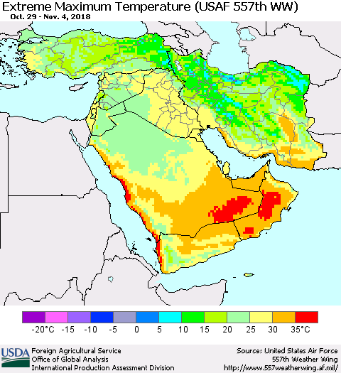 Middle East and Turkey Maximum Daily Temperature (USAF 557th WW) Thematic Map For 10/29/2018 - 11/4/2018